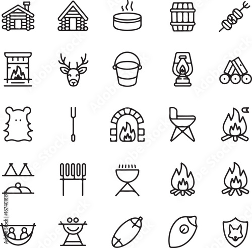 Collection of rustic scandinavian outdoor and sauna themed line art icons for digital and print projects transparent background