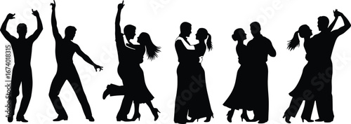 Dancing couples and solo dancers in expressive poses, ballroom and romantic dance silhouette vector illustration for performance, celebration and artistic themes