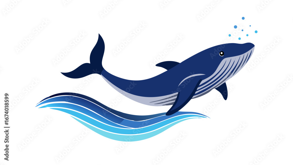 Fototapeta premium Stylized blue whale swimming through ocean waves vector