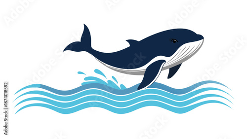Stylized blue whale breaching through turquoise waves ocean water