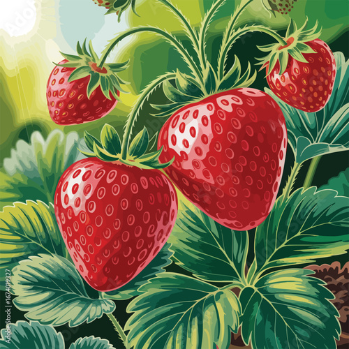 Seamless strawberry pattern with red ripe berries and green leaves