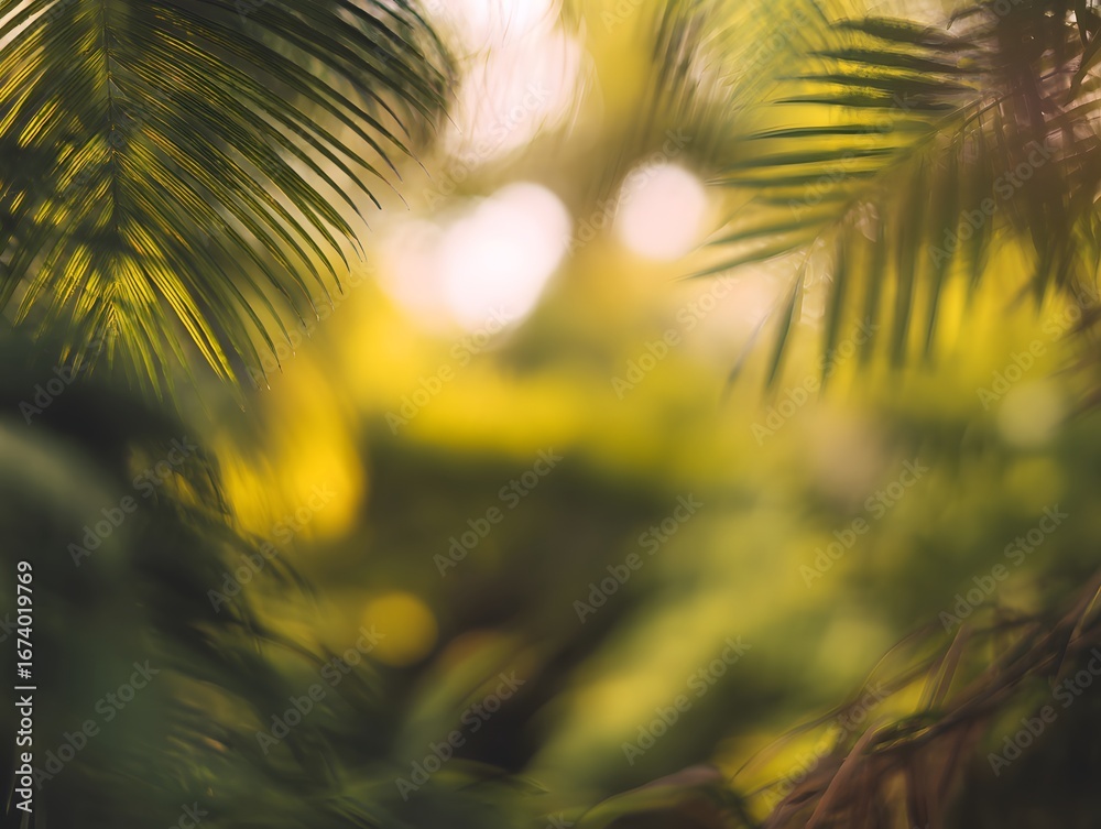 Obraz premium Tropical palm leaves glowing in golden sunlight, natural summer vacation background with warm exotic jungle foliage and beach holiday vibes
