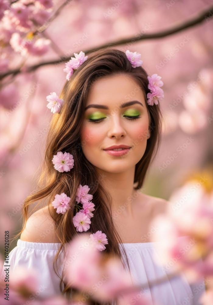 Fototapeta premium Elegant woman with pink cherry blossom and radiant green eye makeup