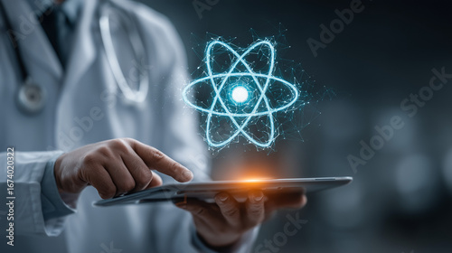 Low Poly Scientist Holding AI Processor Tablet with Nuclear Atom Icon, Futuristic Technology Background