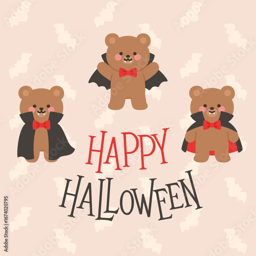 Adorable Bear Characters in Vampire Halloween Costumes with Bats on Beige Background