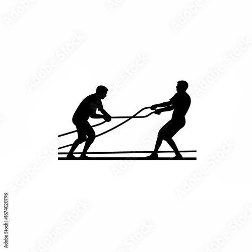 Silhouette of two workers pulling heavy rope together isolated on white background