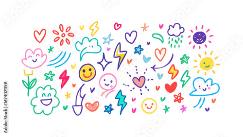 Whimsical doodle elements with happy faces and hearts cloud