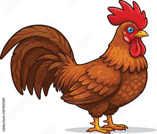 Cartoon brown rooster character with red comb, farm bird illustration, colorful chicken mascot, isolated on white background, vector animal design