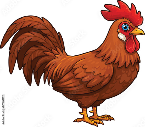 Cartoon brown rooster character with red comb, farm bird illustration, colorful chicken mascot, isolated on white background, vector animal design