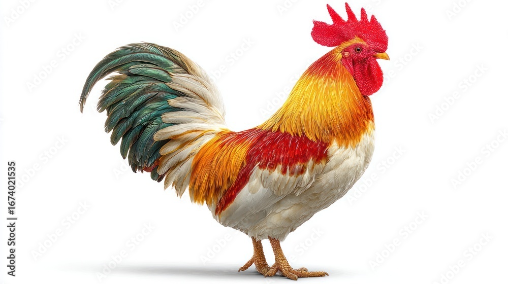 Fototapeta premium Colorful Rooster Standing on White Background with Vibrant Feathers