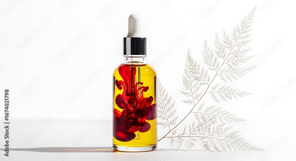 Fototapeta premium Vectore illustration of a dropper bottle with yellow liquid and red ink swirling inside, isolated on white background