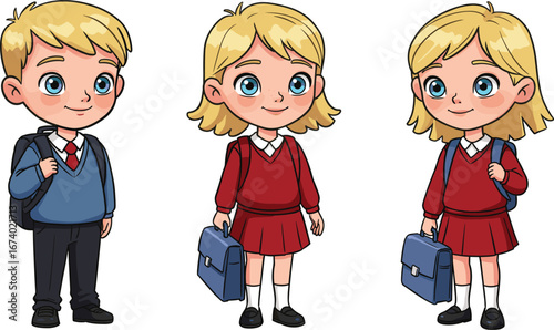 Cartoon school children in uniform with backpacks, boy and girls smiling, educational illustration, isolated on white background, vector design