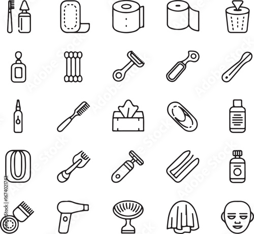 Collection of bathroom and personal care icons representing hygiene and grooming essentials transparent background