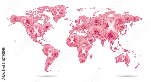 World Map of Roses with Pink Ribbons A Symbol of Breast Cancer Awareness