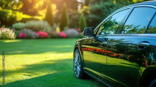 Black car parked in a lush garden. Sunlight filters through trees