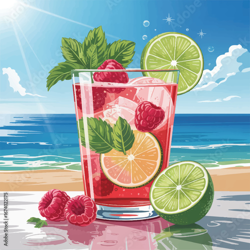 Mojito cocktail with lime mint and ice on a tropical beach