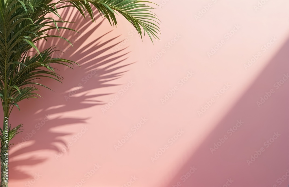 Fototapeta premium Palm tree shadows cast on pastel pink wall create summer beach mockup. Tropical plant leaves create serene atmosphere. Minimalist design, soft lighting, pastel colors suit travel or lifestyle themes.
