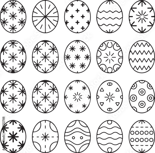 Collection of ornate easter eggs with intricate black and white decorative patterns transparent background