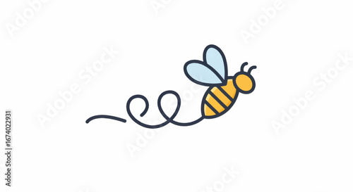 Cute cartoon bee flying with a curly trail.