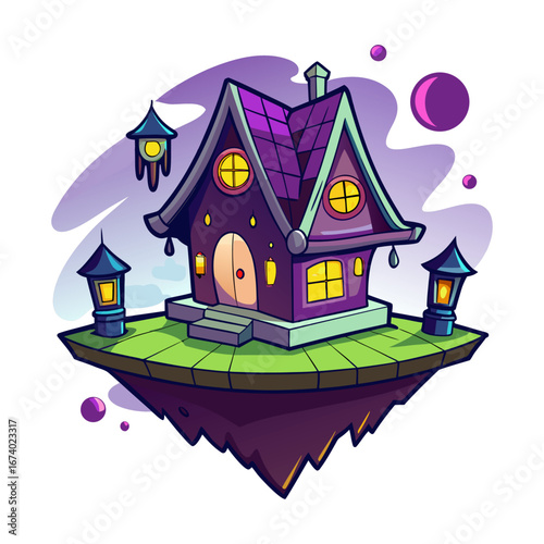 Spooky Floating Haunted Candy House with Glowing Windows, Halloween Illustration, Creepy Sweet Fantasy, Ghostly Dessert Home Vector Art
