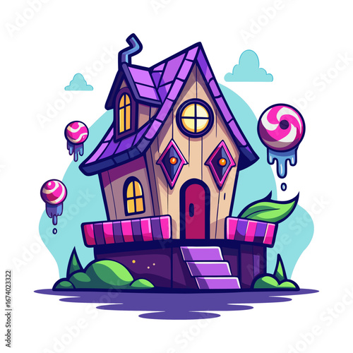Spooky Floating Haunted Candy House with Glowing Windows, Halloween Illustration, Creepy Sweet Fantasy, Ghostly Dessert Home Vector Art