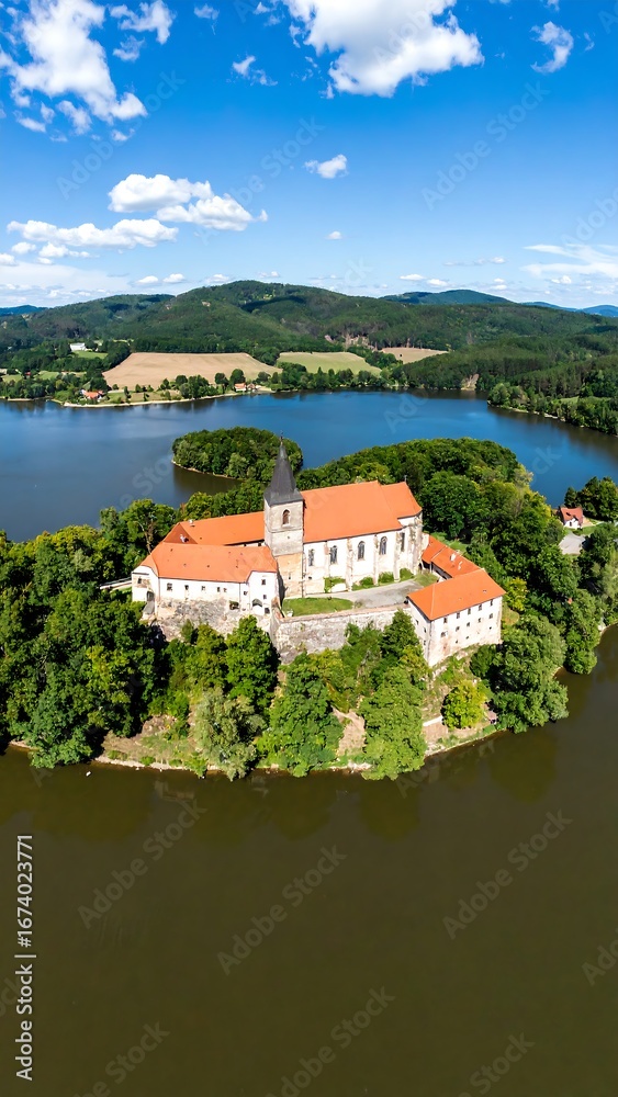 Obraz premium Aerial view of a monastery on an island (1)