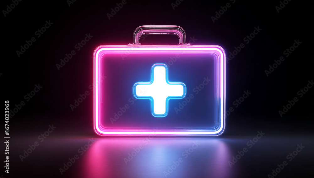Fototapeta premium a neon first aid kit icon isolated on a black background, with a glowing light effect in pink and blue colors