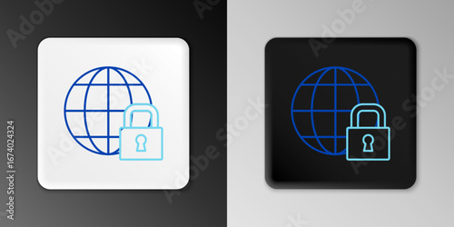 Line Global lockdown - locked globe icon isolated on grey background. Colorful outline concept. Vector