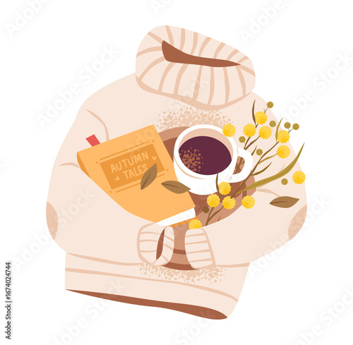 Flat vector illustration of autumn coziness with sweater, mug of coffee, book, and flower. Autumn comfort set.