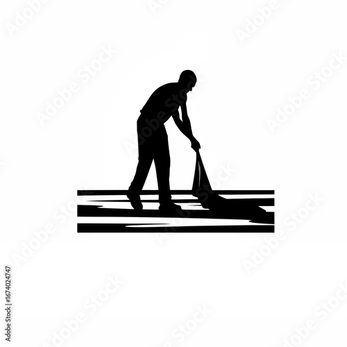 Silhouette of worker cleaning oil spill with absorbent pads isolated on white background