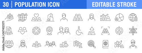 Collection of population icons. Children, people, families. Vector design templates, signs, symbols, editable strokes.