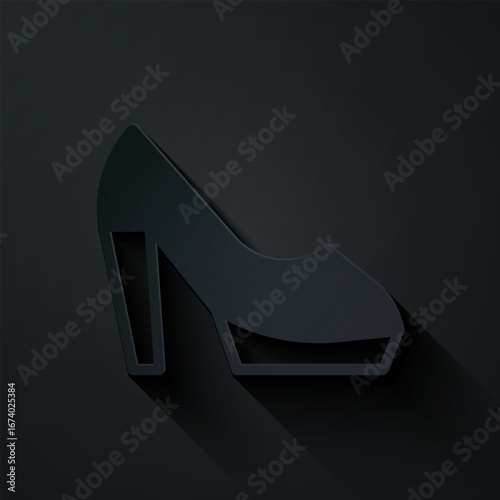 Paper cut Woman shoe with high heel icon isolated on black background. Paper art style. Vector