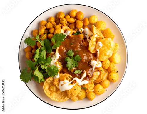 Classic Papri Chaat on White Plate, Top-Down View, Isolated
