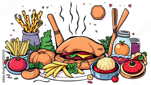 A colorful cartoon illustration of fast food.