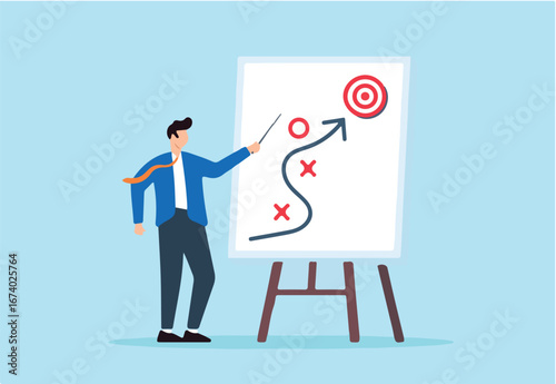 Flat illustration of smart businessman presenting business strategy on whiteboard marketing tactics project planning achieve target success winning