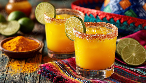 A photo of two margaritas with lime and salt on the rim, surrounded by colorful sombreros and Mexican decorations, set against an old wooden table background.