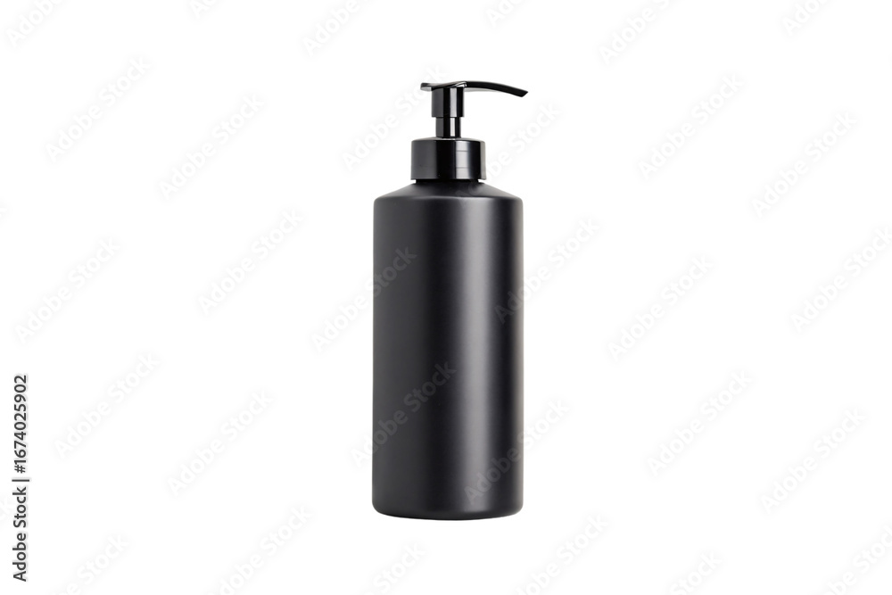 Obraz premium Black cylindrical pump bottle dispenser with sleek modern design, isolated on a transparent background