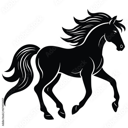 Black silhouette of a galloping horse with flowing mane and tail