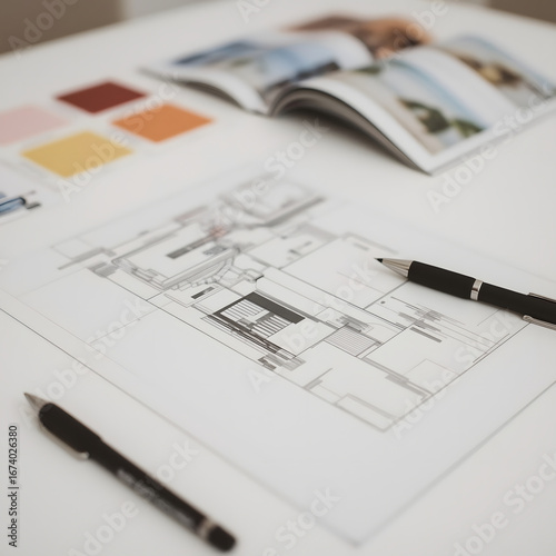 A detailed architectural blueprint and two pens rest on a white desk Color swatches and an open design magazine complete this creative workspace symbolizing planning and inspiration