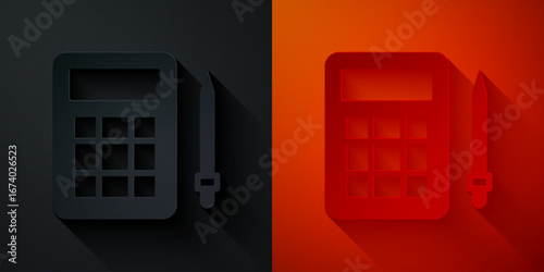 Paper cut Bingo card with lucky numbers icon isolated on black and red background. Paper art style. Vector