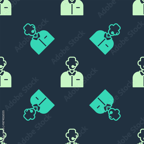 Green and beige Football or soccer commentator icon isolated seamless pattern on blue background. Vector