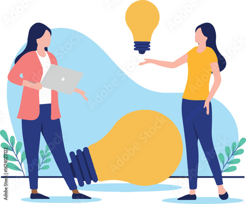 Women idea work - Two businesswoman entrepreneurs working on ideas with light bulbs. Flat design vector illustration with white background