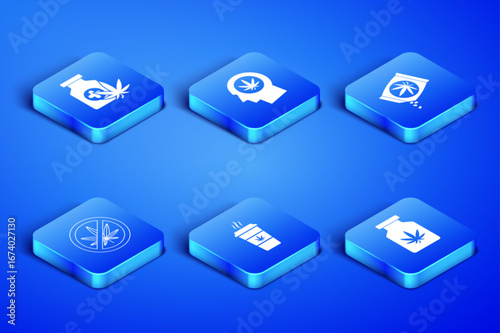 Set Medical bottle with marijuana, Cup coffee, Stop, Head in profile and Marijuana or cannabis seeds icon. Vector