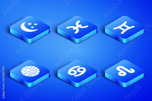 Set Leo zodiac, Moon and stars, Cancer, Planet Venus, Pisces and Gemini icon. Vector