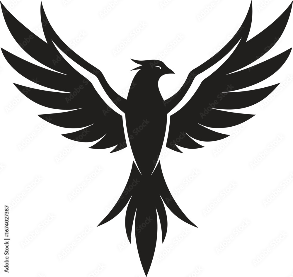 Obraz premium Minimalist Black and White Flying Bird Silhouette Vector | Clean Sharp Wings Spread Illustration