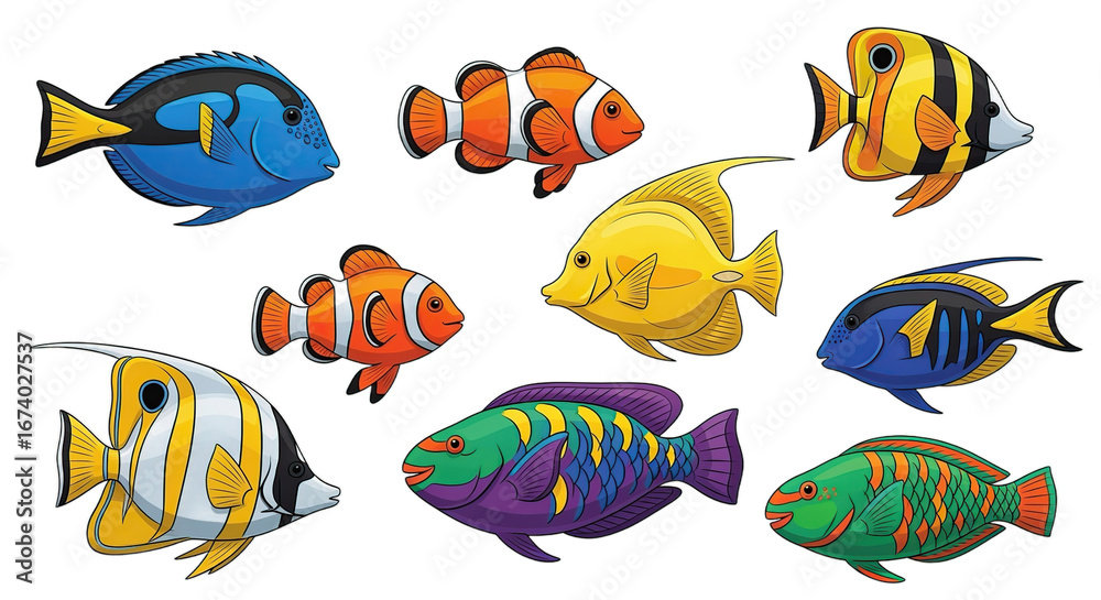 Naklejka premium Pixelated Tropical Fish Assortment on Transparent Background Featuring Various Colors of Marine Wildlife in Digital Pixel Art Style