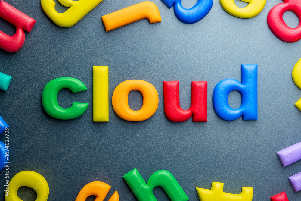 Fototapeta premium Foam letters arranged to spell “cloud” with vibrant surrounding characters on flat background, referencing cloud computing, storage, and digital services