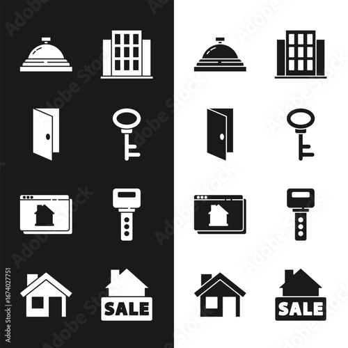 Set House key, Closed door, Hotel service bell, Online real estate house, Hanging sign with Sale and icon. Vector