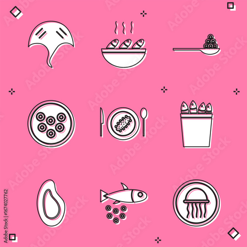 Set Stingray, Fish soup, Caviar on spoon, plate, Served cucumber, Fishing bucket with fishes, Mussel and caviar icon. Vector