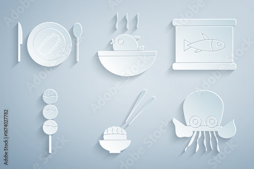 Set Sushi, Canned fish, Takoyaki on stick, Octopus, Puffer soup and Served cucumber plate icon. Vector